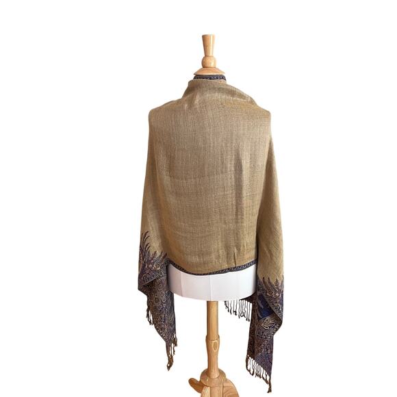 Blue & Gold Floral Paisley Large Reversible Scarf / Wrap / Shawl with Fringe - Picture 4 of 10